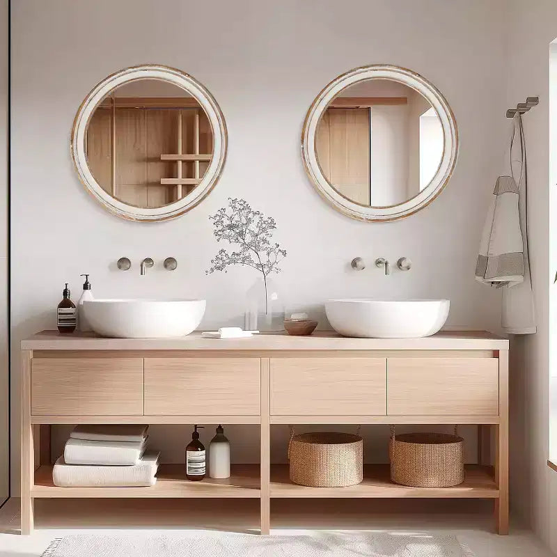Miroir mural décoratif rond GDFStudio Amelia Farmhouse en bois avec bord blanchi