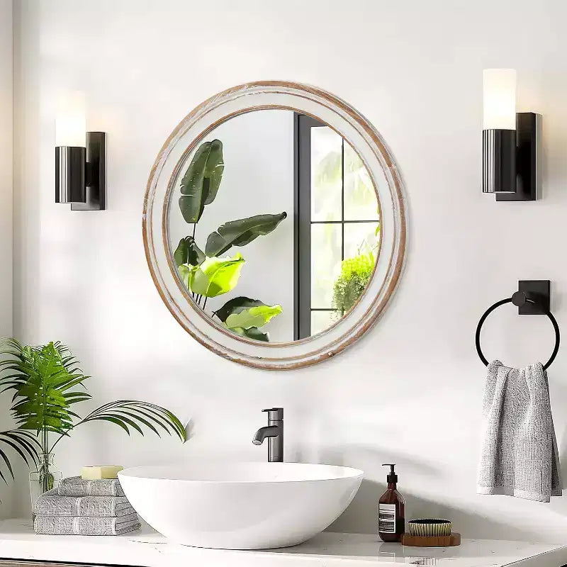 Miroir mural décoratif rond GDFStudio Amelia Farmhouse en bois avec bord blanchi