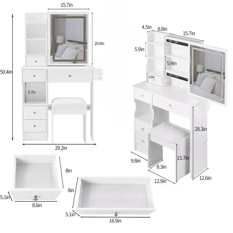 29.2 Table de toilette de bureau avec tiroir gauche de petite taille + tabouret rembourré, station d'alimentation 2 prises CA + 2 ports USB, support pour sèche-cheveux, éclairage tricolore