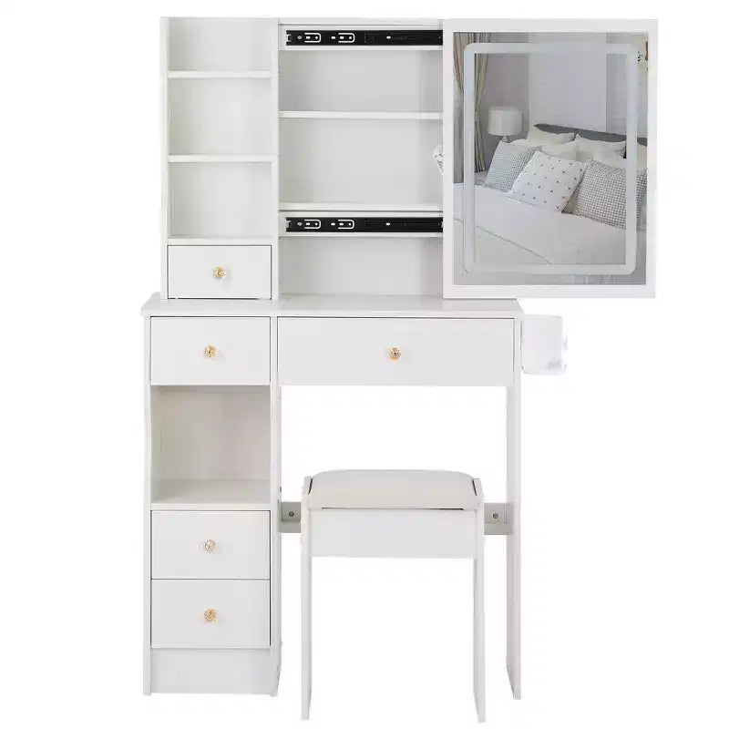 29.2 Table de toilette de bureau avec tiroir gauche de petite taille + tabouret rembourré, station d'alimentation 2 prises CA + 2 ports USB, support pour sèche-cheveux, éclairage tricolore