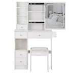 29.2 Table de toilette de bureau avec tiroir gauche de petite taille + tabouret rembourré, station d'alimentation 2 prises CA + 2 ports USB, support pour sèche-cheveux, éclairage tricolore