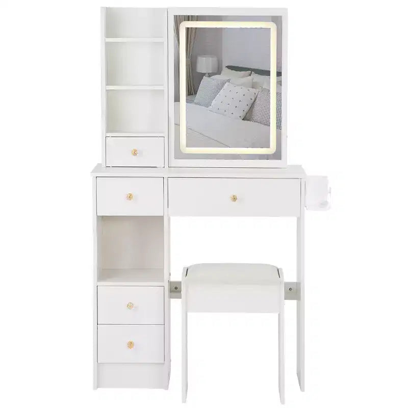 29.2 Table de toilette de bureau avec tiroir gauche de petite taille + tabouret rembourré, station d'alimentation 2 prises CA + 2 ports USB, support pour sèche-cheveux, éclairage tricolore