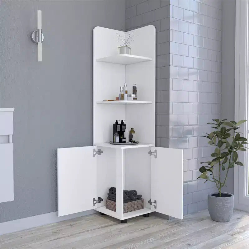 Meuble de rangement pour salle de bain, Colonne de salle de bain haute avec meuble bas à 2 portes, 3 étagères ouvertes