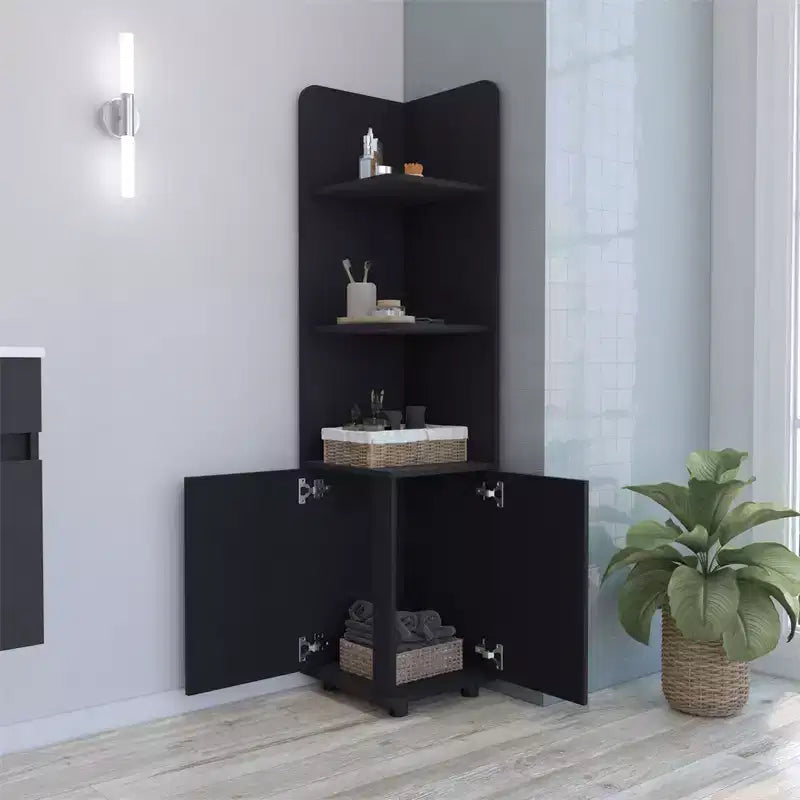 Meuble de rangement pour salle de bain, Colonne de salle de bain haute avec meuble bas à 2 portes, 3 étagères ouvertes