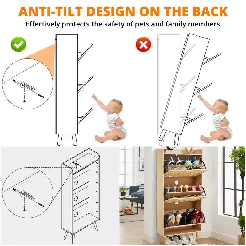 Meuble à chaussures, Organisateur de rangement étroit à 3 niveaux Panneau avant en rotin tressé Banc à chaussures peu encombrant pour l'entrée Idéal pour les couloirs et les porches