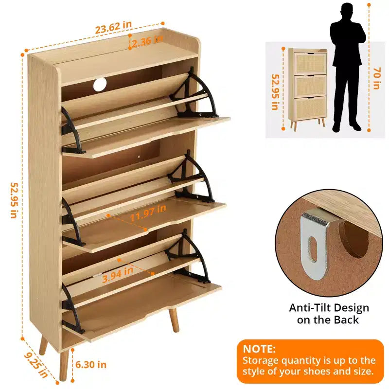 Meuble à chaussures, Organisateur de rangement étroit à 3 niveaux Panneau avant en rotin tressé Banc à chaussures peu encombrant pour l'entrée Idéal pour les couloirs et les porches