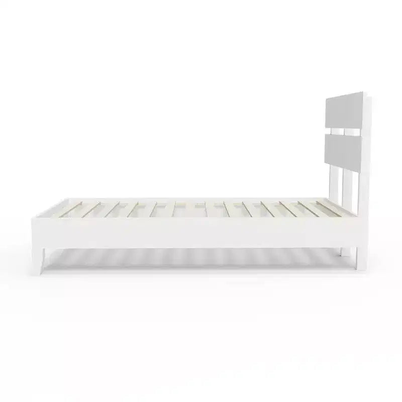 Cadre de lit en bois massif Karl Home, lit double avec tête de lit incluse, lit moderne du milieu du siècle, blanc