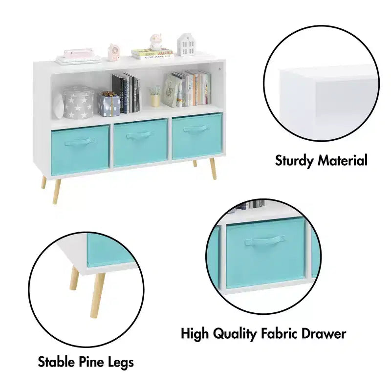 Étagère à livres Whisen Kids avec 3 tiroirs en tissu, multifonctionnelle pour livres/jouets, boucle de sécurité murale, MDF haute densité