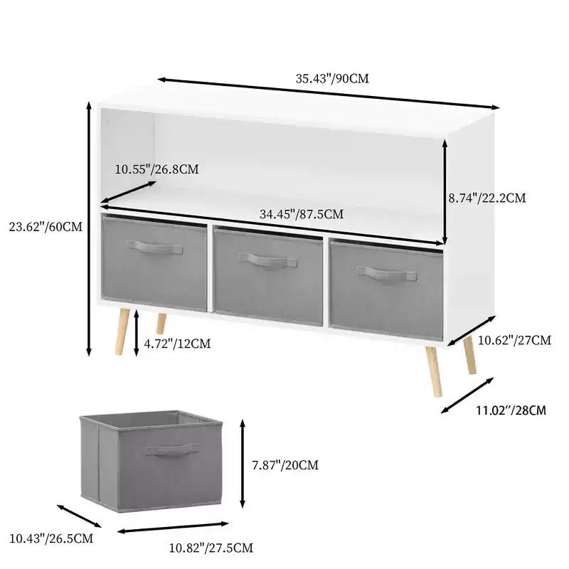 Étagère à livres Whisen Kids avec 3 tiroirs en tissu, multifonctionnelle pour livres/jouets, boucle de sécurité murale, MDF haute densité