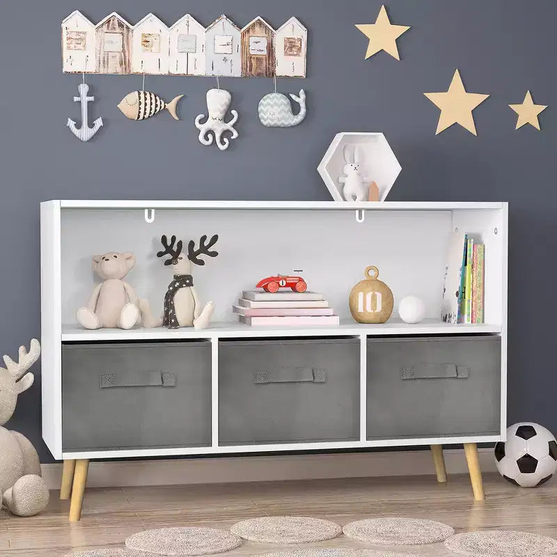 Étagère à livres Whisen Kids avec 3 tiroirs en tissu, multifonctionnelle pour livres/jouets, boucle de sécurité murale, MDF haute densité