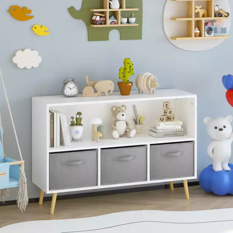 Étagère à livres Whisen Kids avec 3 tiroirs en tissu, multifonctionnelle pour livres/jouets, boucle de sécurité murale, MDF haute densité
