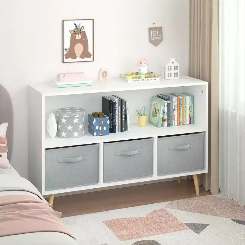 Étagère à livres Whisen Kids avec 3 tiroirs en tissu, multifonctionnelle pour livres/jouets, boucle de sécurité murale, MDF haute densité