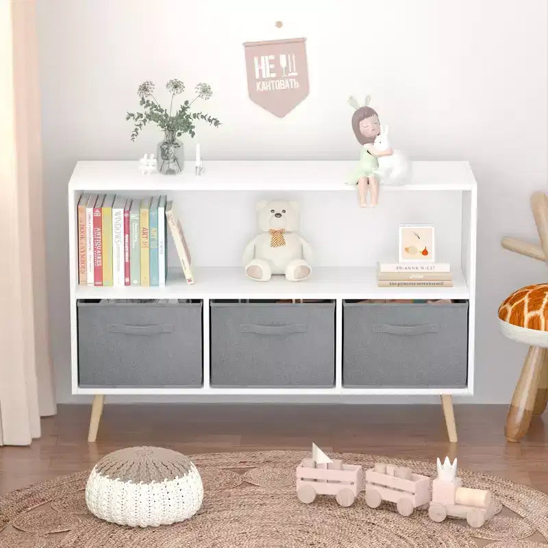 Étagère à livres Whisen Kids avec 3 tiroirs en tissu, multifonctionnelle pour livres/jouets, boucle de sécurité murale, MDF haute densité