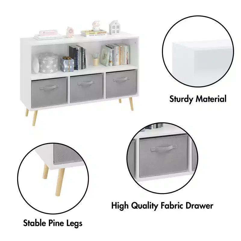 Étagère à livres Whisen Kids avec 3 tiroirs en tissu, multifonctionnelle pour livres/jouets, boucle de sécurité murale, MDF haute densité