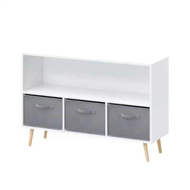 Étagère à livres Whisen Kids avec 3 tiroirs en tissu, multifonctionnelle pour livres/jouets, boucle de sécurité murale, MDF haute densité