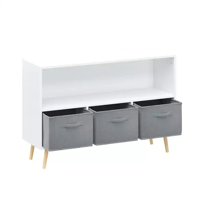 Étagère à livres Whisen Kids avec 3 tiroirs en tissu, multifonctionnelle pour livres/jouets, boucle de sécurité murale, MDF haute densité