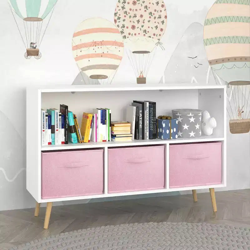 Étagère à livres Whisen Kids avec 3 tiroirs en tissu, multifonctionnelle pour livres/jouets, boucle de sécurité murale, MDF haute densité