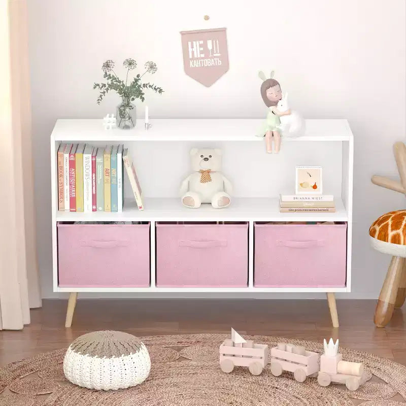 Étagère à livres Whisen Kids avec 3 tiroirs en tissu, multifonctionnelle pour livres/jouets, boucle de sécurité murale, MDF haute densité