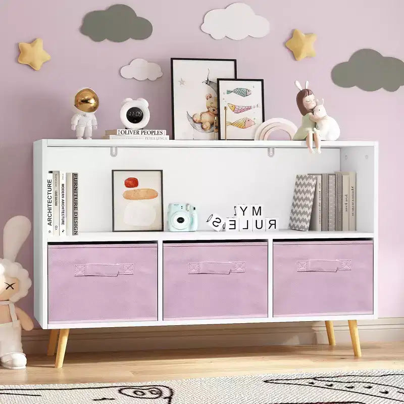 Étagère à livres Whisen Kids avec 3 tiroirs en tissu, multifonctionnelle pour livres/jouets, boucle de sécurité murale, MDF haute densité