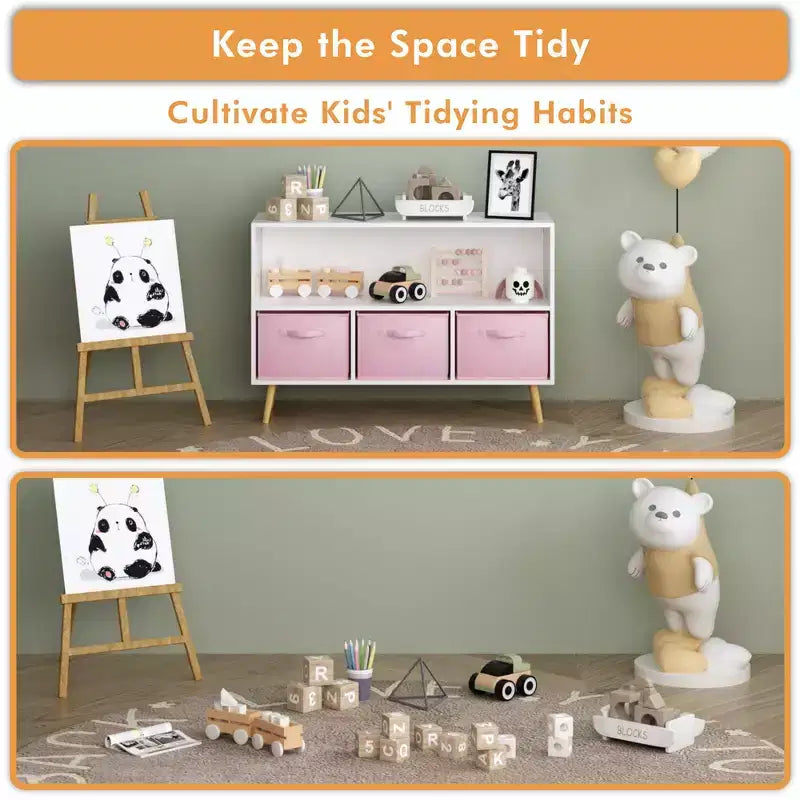 Étagère à livres Whisen Kids avec 3 tiroirs en tissu, multifonctionnelle pour livres/jouets, boucle de sécurité murale, MDF haute densité