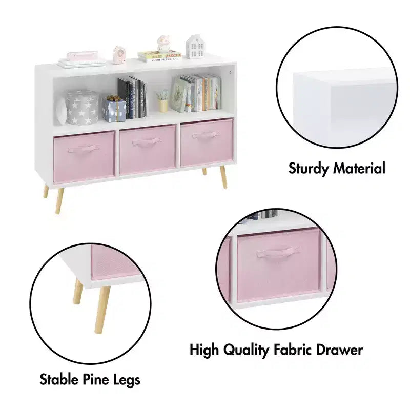 Étagère à livres Whisen Kids avec 3 tiroirs en tissu, multifonctionnelle pour livres/jouets, boucle de sécurité murale, MDF haute densité