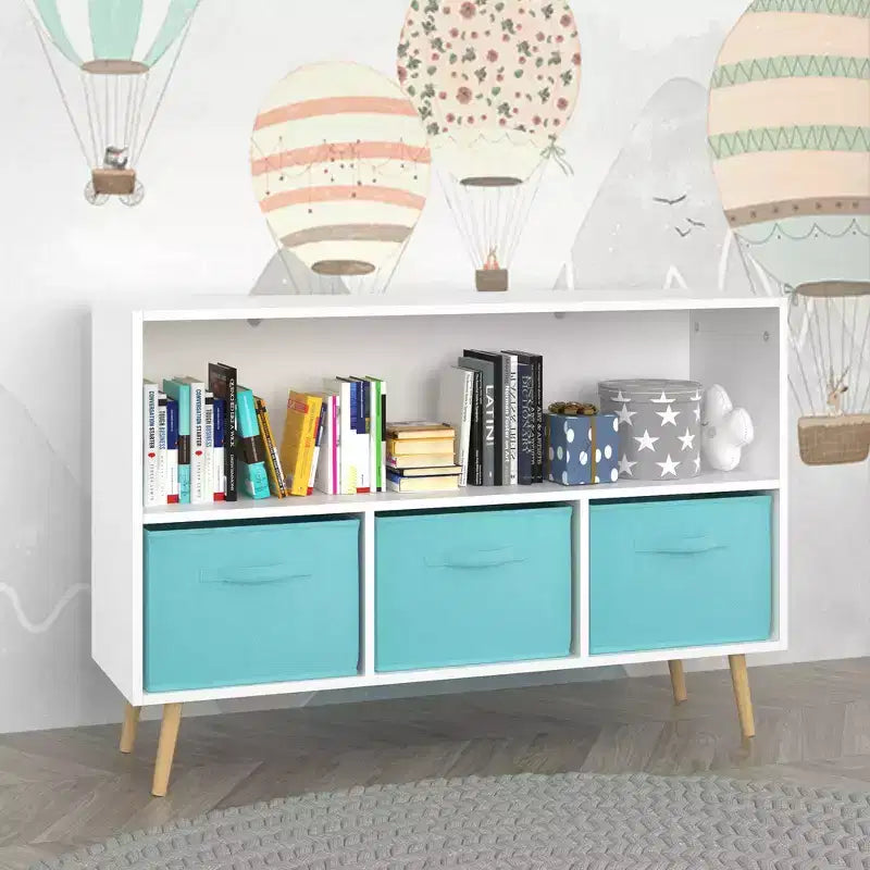 Étagère à livres Whisen Kids avec 3 tiroirs en tissu, multifonctionnelle pour livres/jouets, boucle de sécurité murale, MDF haute densité