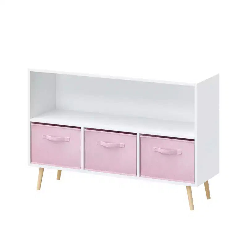 Étagère à livres Whisen Kids avec 3 tiroirs en tissu, multifonctionnelle pour livres/jouets, boucle de sécurité murale, MDF haute densité