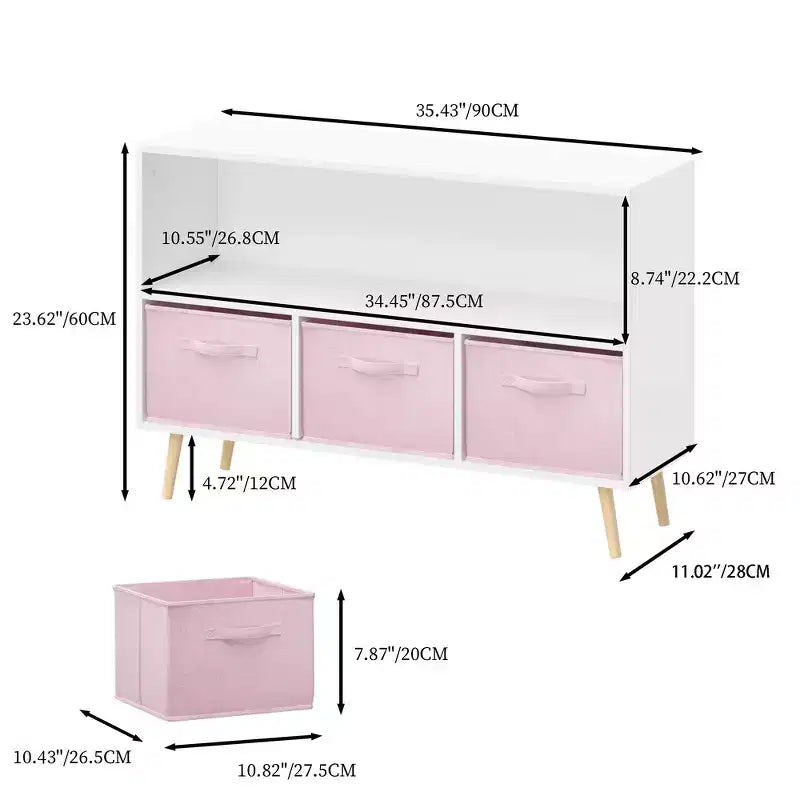 Étagère à livres Whisen Kids avec 3 tiroirs en tissu, multifonctionnelle pour livres/jouets, boucle de sécurité murale, MDF haute densité