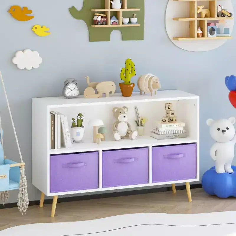 Étagère à livres Whisen Kids avec 3 tiroirs en tissu, multifonctionnelle pour livres/jouets, boucle de sécurité murale, MDF haute densité
