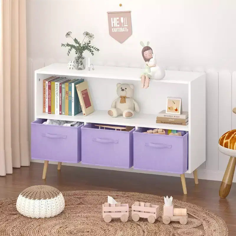 Étagère à livres Whisen Kids avec 3 tiroirs en tissu, multifonctionnelle pour livres/jouets, boucle de sécurité murale, MDF haute densité