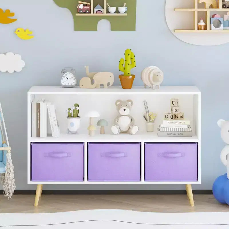 Étagère à livres Whisen Kids avec 3 tiroirs en tissu, multifonctionnelle pour livres/jouets, boucle de sécurité murale, MDF haute densité