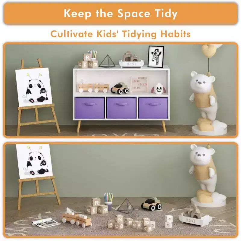 Étagère à livres Whisen Kids avec 3 tiroirs en tissu, multifonctionnelle pour livres/jouets, boucle de sécurité murale, MDF haute densité