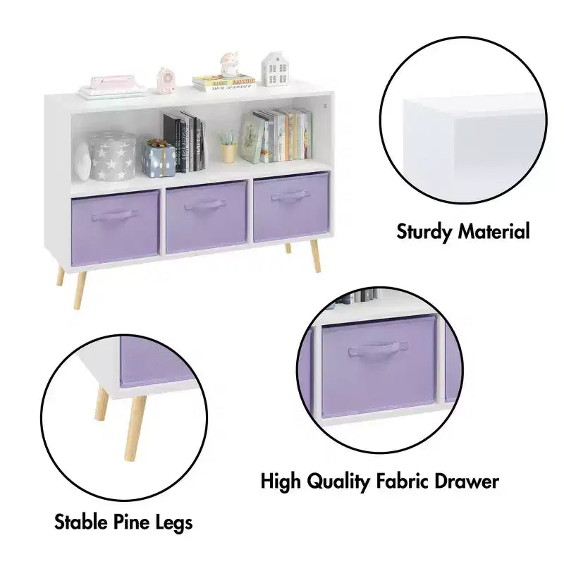 Étagère à livres Whisen Kids avec 3 tiroirs en tissu, multifonctionnelle pour livres/jouets, boucle de sécurité murale, MDF haute densité