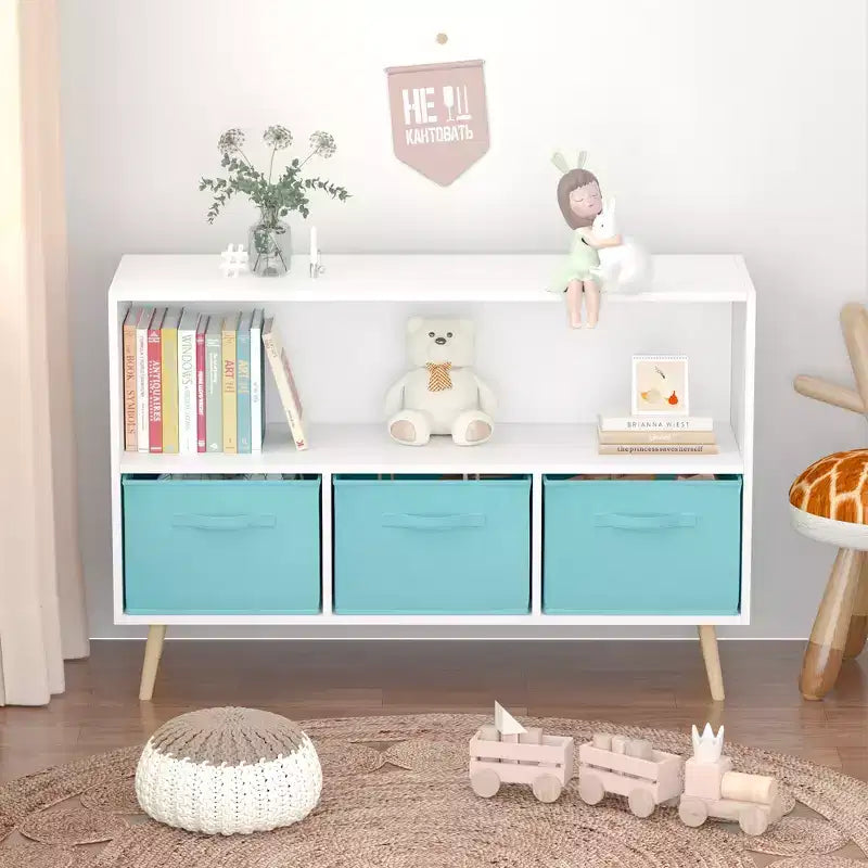 Étagère à livres Whisen Kids avec 3 tiroirs en tissu, multifonctionnelle pour livres/jouets, boucle de sécurité murale, MDF haute densité