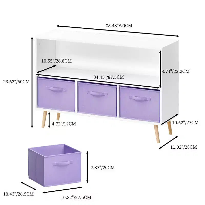 Étagère à livres Whisen Kids avec 3 tiroirs en tissu, multifonctionnelle pour livres/jouets, boucle de sécurité murale, MDF haute densité