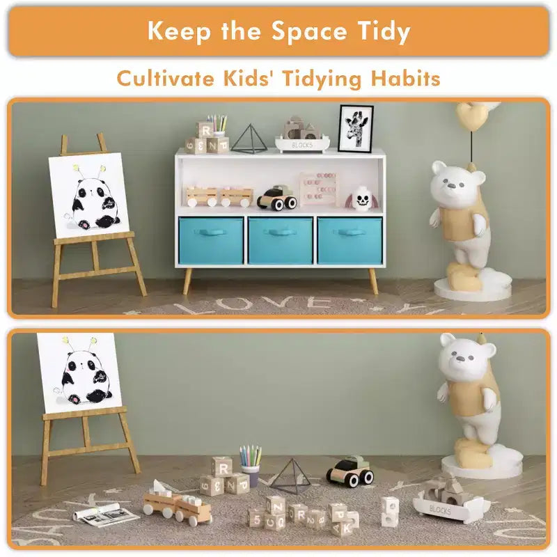 Étagère à livres Whisen Kids avec 3 tiroirs en tissu, multifonctionnelle pour livres/jouets, boucle de sécurité murale, MDF haute densité