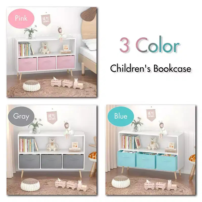 Étagère à livres Whisen Kids avec 3 tiroirs en tissu, multifonctionnelle pour livres/jouets, boucle de sécurité murale, MDF haute densité
