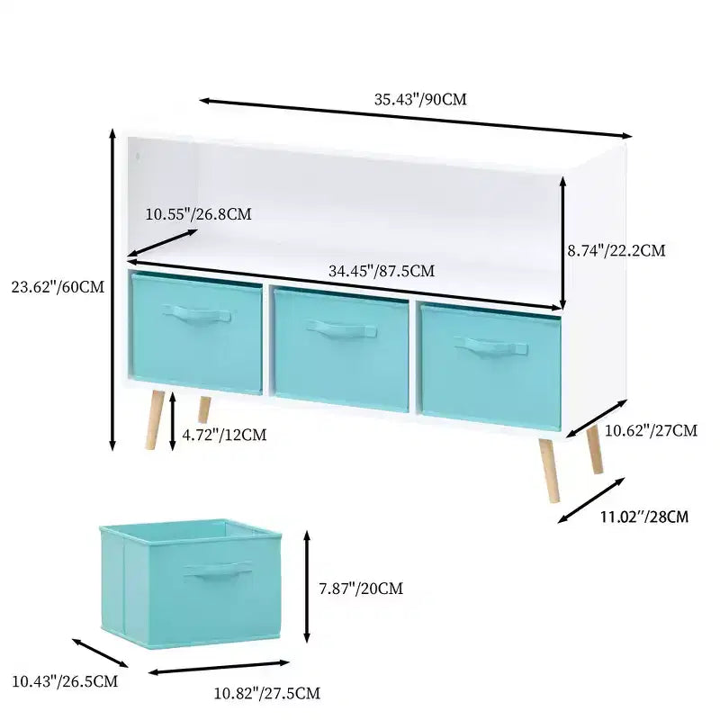 Étagère à livres Whisen Kids avec 3 tiroirs en tissu, multifonctionnelle pour livres/jouets, boucle de sécurité murale, MDF haute densité