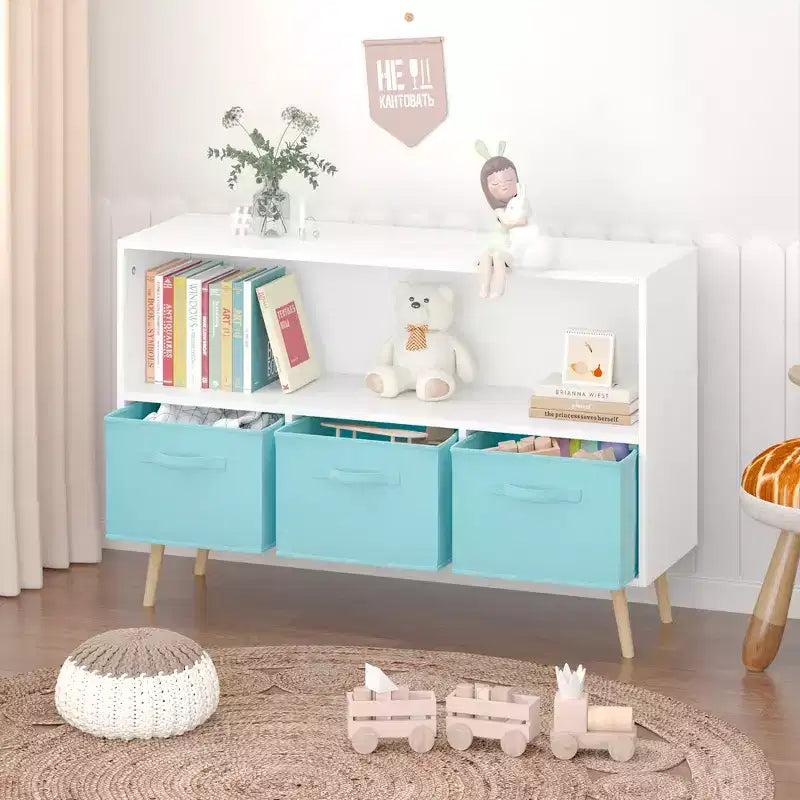 Whisen Kids Bookshelf with 3 Cloth Drawers, Multi-Purpose for Books/Toys, Wall-Mounted Safety Buckle, High-Density MDF