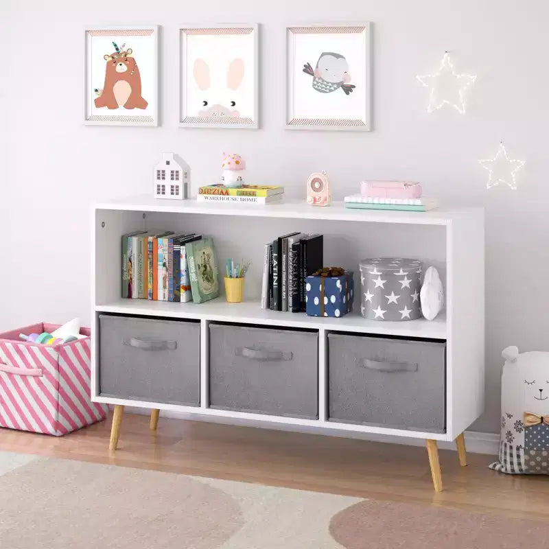 Étagère à livres Whisen Kids avec 3 tiroirs en tissu, multifonctionnelle pour livres/jouets, boucle de sécurité murale, MDF haute densité