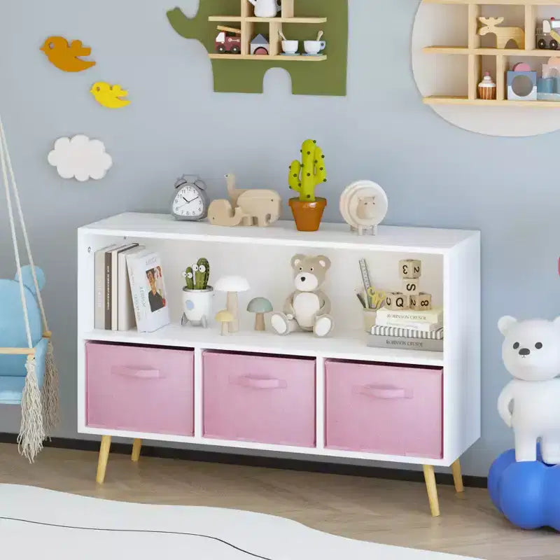 Étagère à livres Whisen Kids avec 3 tiroirs en tissu, multifonctionnelle pour livres/jouets, boucle de sécurité murale, MDF haute densité