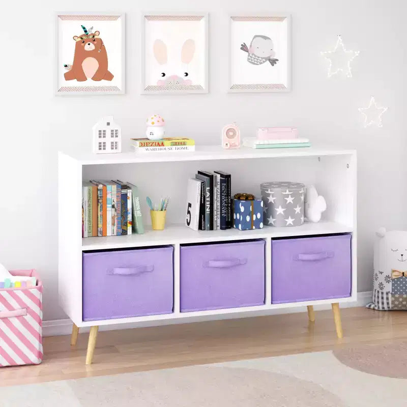 Étagère à livres Whisen Kids avec 3 tiroirs en tissu, multifonctionnelle pour livres/jouets, boucle de sécurité murale, MDF haute densité