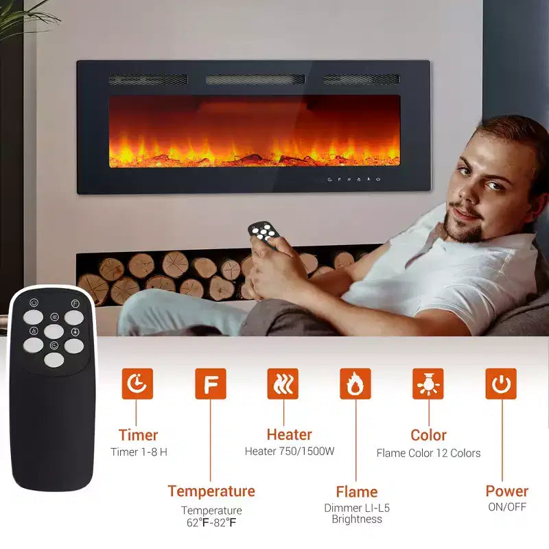 Cheminée électrique murale CuisinSmart 40 po, radiateur de cheminée avec chauffage 750W/1500W, 12 effets de flamme de couleur, télécommande et minuterie
