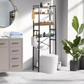 FurnitureR 4-Tier Over-The-Toilet Storage Shelf, Freestanding Bathroom Organizer with Adjustable Shelf & Basket, Space-Saving Rack Above Toilet, Brown