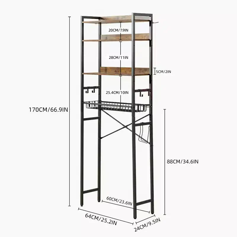 Étagère de rangement 4 niveaux FurnitureR pour toilettes, organisateur de salle de bain autoportant avec étagère et panier réglables, meuble gain de place au-dessus des toilettes, marron