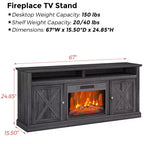 Meuble TV CuisinSmart de 170 cm style ferme avec cheminée électrique de 58 cm, console média noire avec 2 armoires et étagères ouvertes pour salon