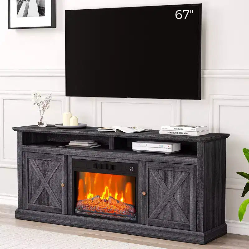 Meuble TV CuisinSmart de 170 cm style ferme avec cheminée électrique de 58 cm, console média noire avec 2 armoires et étagères ouvertes pour salon