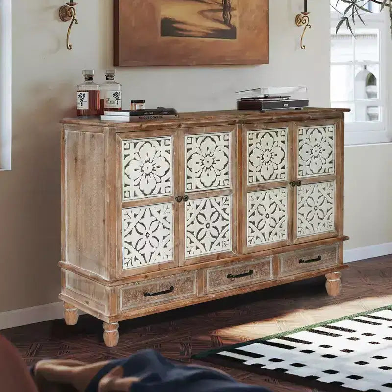 Buffet de rangement GDFStudio Patel en bois de sapin rustique de 150 cm avec 3 tiroirs