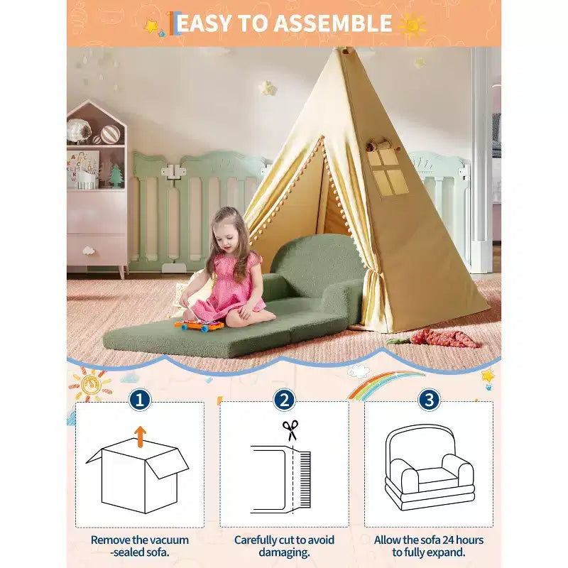 Canapé et fauteuil convertible 2-en-1 pour enfants, canapé-lit design demi-lune, canapé-lit pliant en tissu polaire Teddy pour enfants, housse lavable en machine