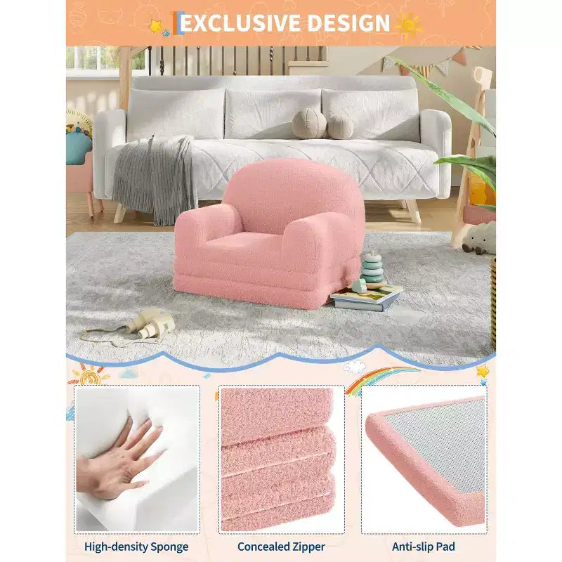 Canapé et fauteuil convertible 2-en-1 pour enfants, canapé-lit design demi-lune, canapé-lit pliant en tissu polaire Teddy pour enfants, housse lavable en machine